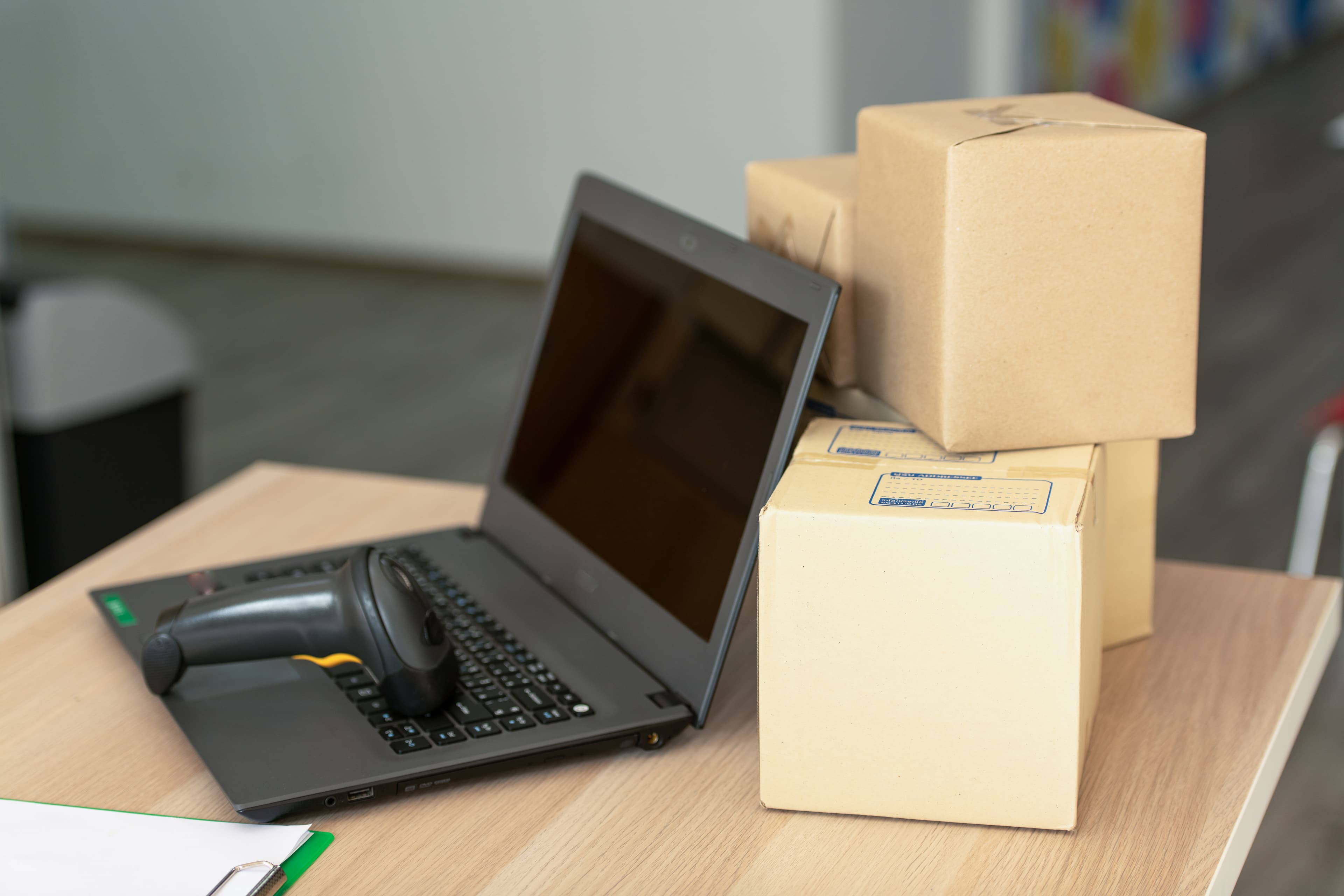 A boxed laptop ready to ship